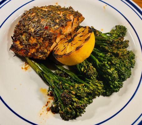 Lemon Herb Crusted Salmon with sauteed broccolini