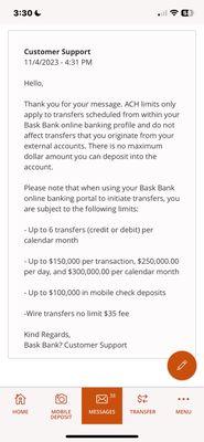 BASK BANK RULES FOR TRANSFERS