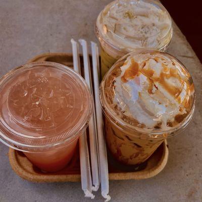 Tropical Lemonade, Salted Pistachio Latte, Orange Cream Matcha