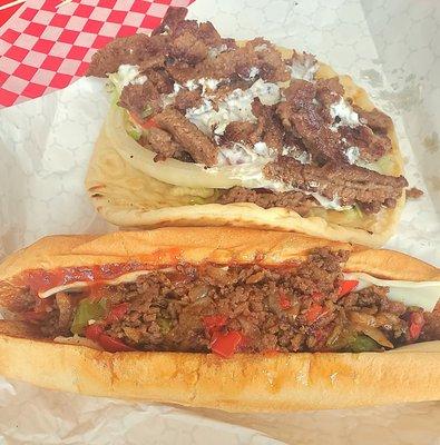 Lamb gyro and Philly steak