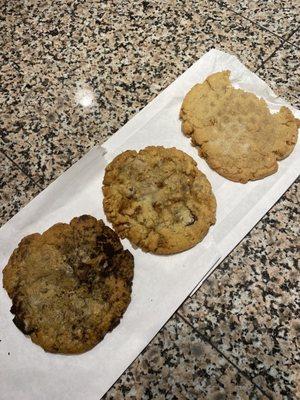 Cookies and cream, oatmeal chocolate chip, and peanut butter