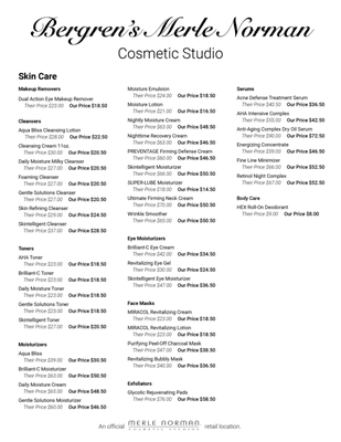 Current price sheet for Merle Norman Cosmetics.