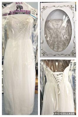 We clean and press wedding dresses with option to have it nicely put in a preservation box!