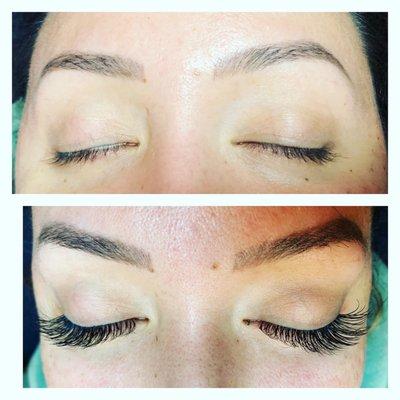 Hybrid lash extension set with microblading