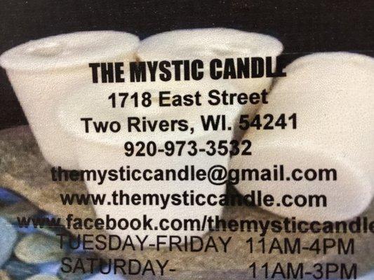 The Mystic Candle 
Formally Bell. Book and Candle,
Check our hours we are open 5 days a week 11am-4 pm, unless I'm sick, I will be here