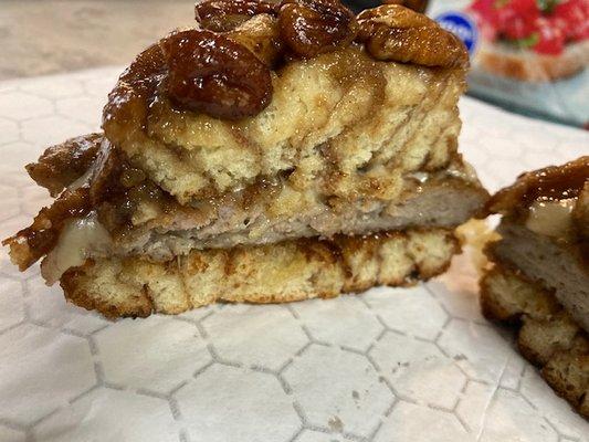 All Canadian: homemade sausage patty with cheddar cheese on a grilled maple walnut sticky bun.