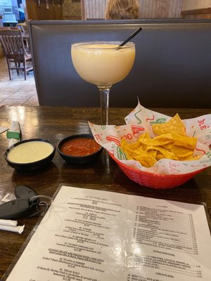 Large peach margarita chips and queso.