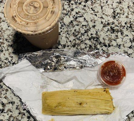 Iced Mocha Latte and Xochitl Tamale with Hot Sauce