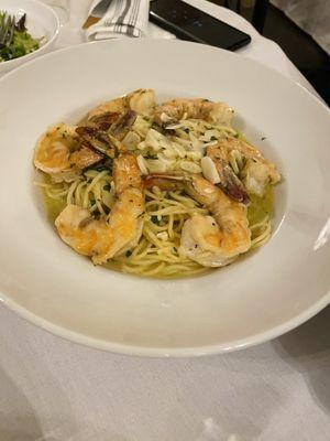 Shrimp Scampi over spaghetti