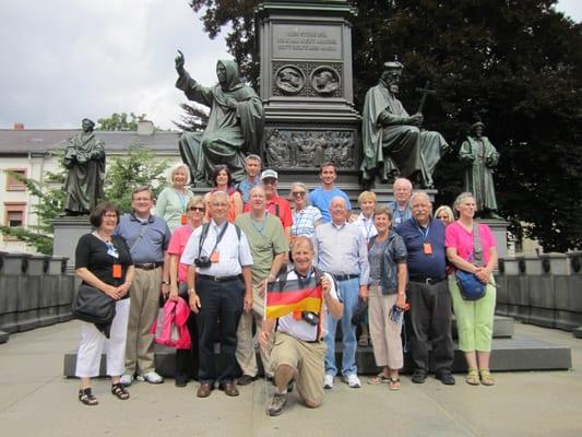 Join one of our many Reformation Tours to Europe. This group is standing by the Reformation Statue in Worms, Germany.