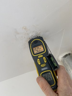 Suspected Moisture in ceilings and walls are always tested with a Moisture Meter and an Infrared Thermal Imaging Camera.