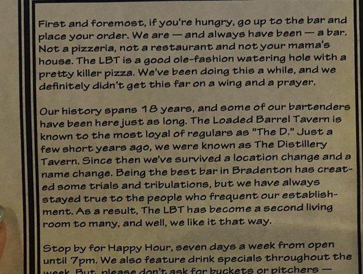 First paragraph says it all.  They are a bar.  And they don't like new customers.