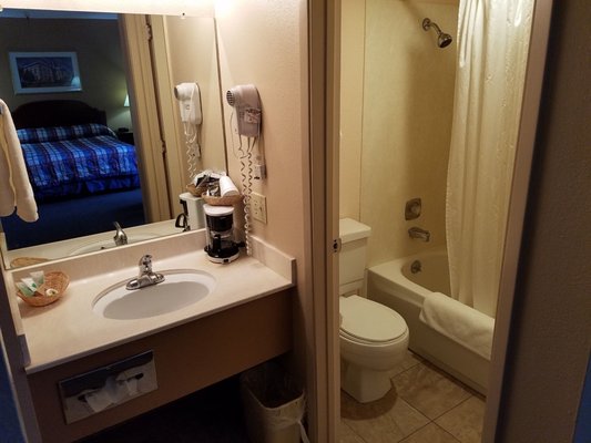 The bathroom with a good running shower, towels for two, and the bathroom sink with a hair dryer and a coffee maker.