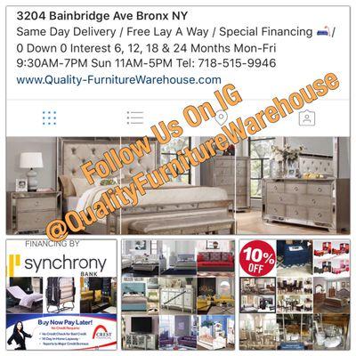 #1 Furniture Store In The BRONX & TRI STATE
 BEST CUSTOMER SERVICE!!!! Guaranteed 
 Super FASTDeliverys 
 
 Quality Furniture Warehouse