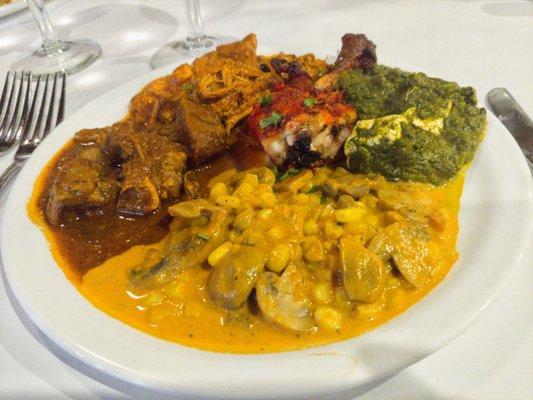 Goat Masala, Chicken Makhani, Tandoori Chicken, Palak Paneer, and Corn & Mushroom Masala