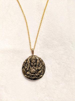 Golden sheen Obsidian Ganesh pendant. 14k yellow gold