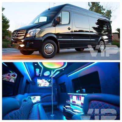 17 passenger Mercedes Sprinter 3500 watt sound system, CD/DVD//IPod/Satt Radio, two 42 inch Tvs, 50k light show, removable dance pole.