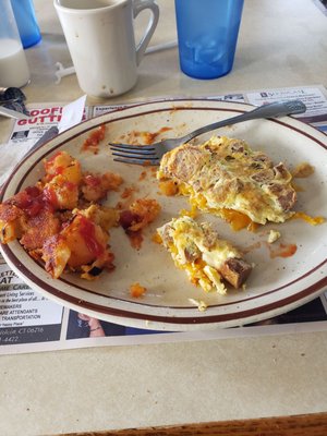 Cheddar cheese and sausage omelet.