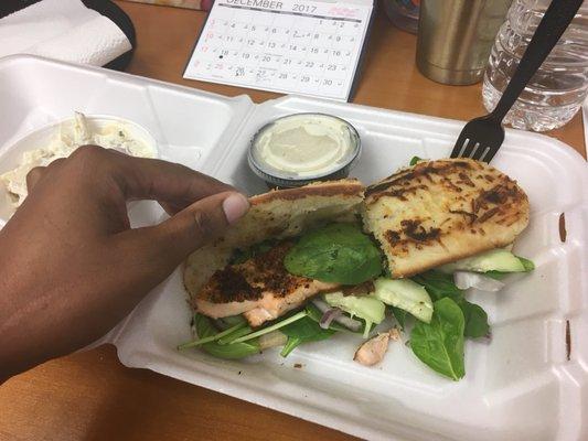 Grilled Salmon Salad with potato salad. Lemon dill sauce on the side. Didn't like that too much. Everything else was delicious