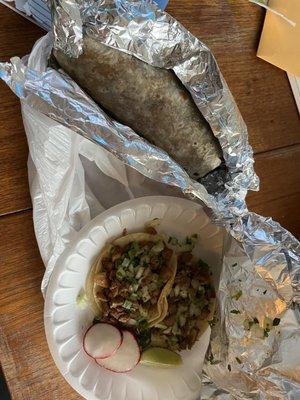 Breakfast burrito and the spicy pork tacos