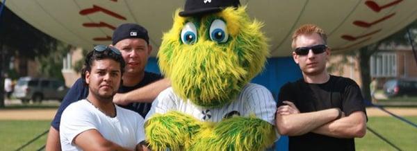 Jason Baumann, Javi Villegas and Justin Johnson of Laser Sounds with Chicago White Sox mascot, South Paw