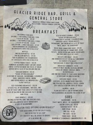 Up-to-date breakfast menu for the 2024 season