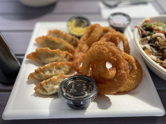 Fried pot stickers (dumplings) and onion rings