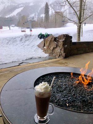 Boozy hot chocolate by the fire and slope!