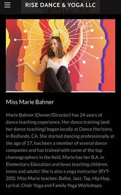 Owner, Marie Bahner, has 24 years of dance teaching experience.