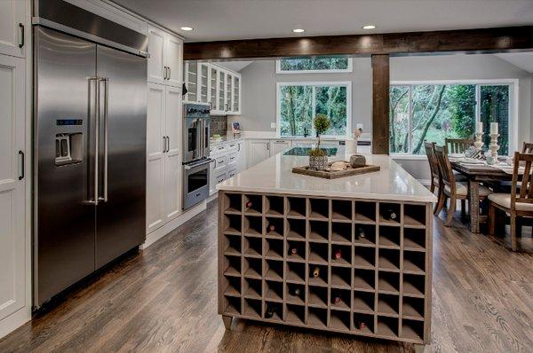 We created a unique wine cabinet as part of this kitchen remodel in Redmond, WA