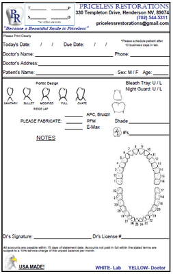 Priceless Restorations Lab RX Form.