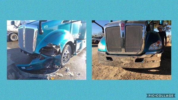 Before and after of a 2015 Kenworth T680. Our  guys did an awesome job!