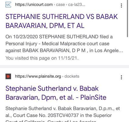 Dr. Baravarian is being sued for Medical Malpractice. Please read on his court cases to see what he is really like.