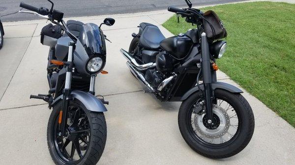 My old Honda Shadow Phantom next to the new Victory Octane.