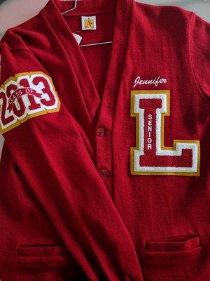 Cardigan Package includes First Name, Varsity Letter, and Year. Call us now to order yours!