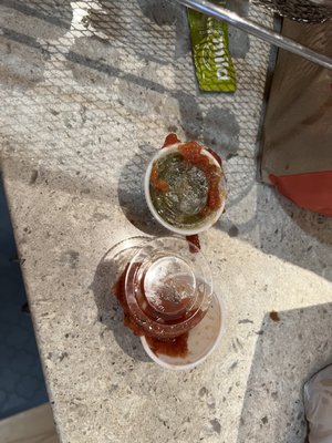 Sauces weren't closed properly and spilled over everything.