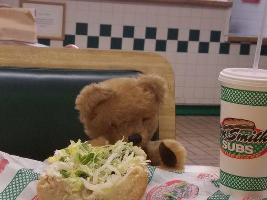 Here's me with my lettuce sandwich with tuna, 3 pieces of onion, 4 banana pepper rings and 6 olive pieces - but boy, was it every FRESH!!