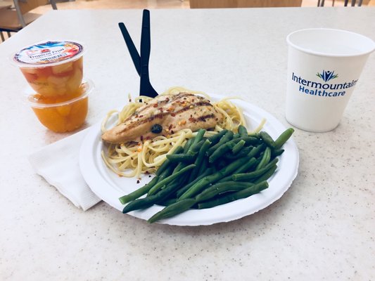 Lemon Chicken with (bland) noodles and Green Beans + 2 Fruit Cups