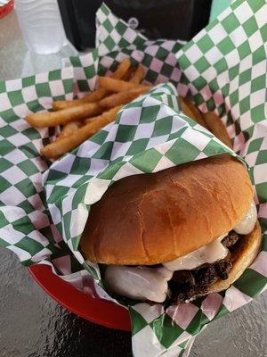 Mushroom Swiss burger and fries