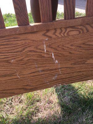 Deep scratches to a headboard that left the house wrapped but delivered unwrapped.