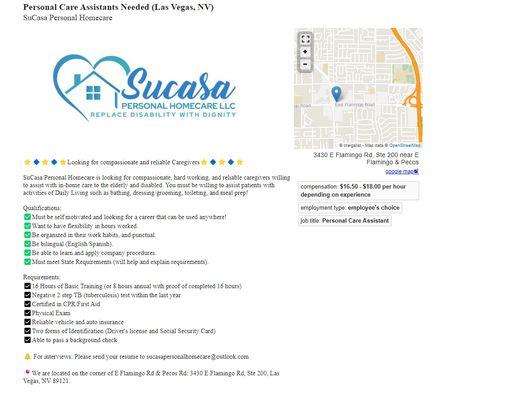 We are hiring experienced caregivers! Please send your resume to: sucasapersonalhomecare@outlook.com