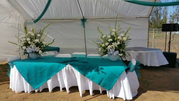 Wedding set up, linens, color overlay, chair cover with color sash. Available