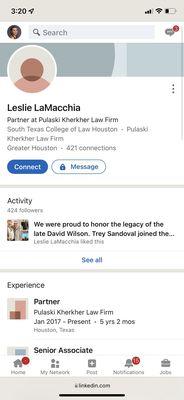 Linkedin account stating this woman is an associate of this law firm.