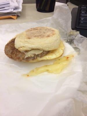 This is how wonky my sausage, egg and cheese breakfast sandwich looked when I unwrapped it. All of these components are the same diameter!!