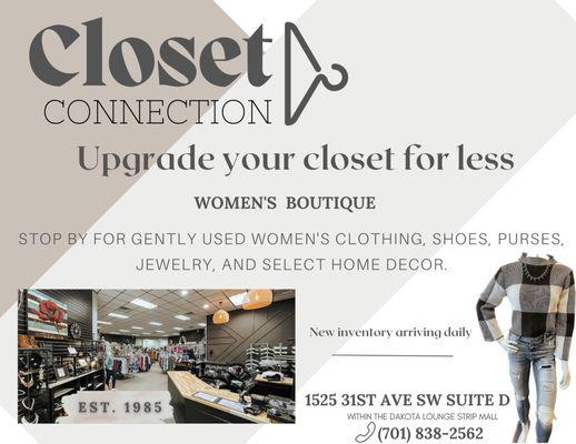 Women boutique - gently used clothing, shoes, purses, and jewelry. 
Now open in our beautiful new location. Est 1985