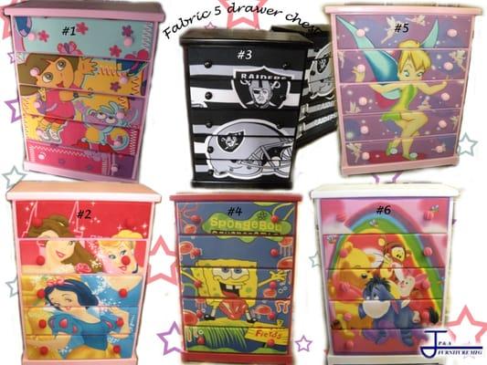 5 door fabric chest many different cartoons, sport teams, Disney characters