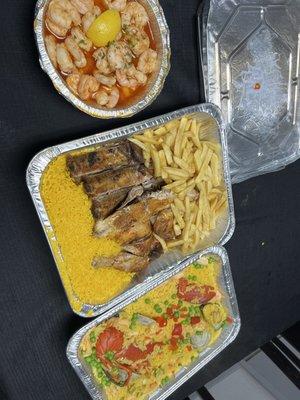 Garlic shrimp, BBQ chicken and rib combo & Seafood Paella