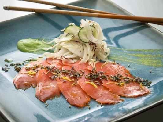 Lavender Cured Salmon, Green Olive Puree, Shaved Fennel, Pickled Mustard Seeds