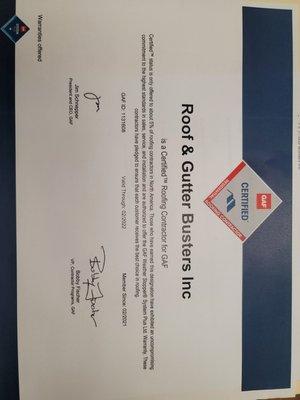 This is to confirm that Roof & Gutter Busters, INC is approved as a GAF Certified Roofing Contractor.