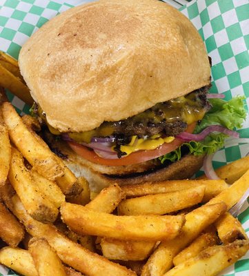 "The real Dill Burger" 
A classic cheese burger with a side of fries